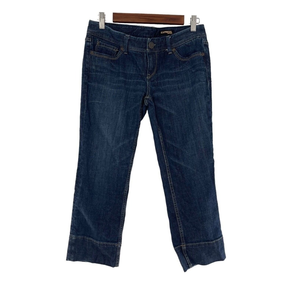 Express Womens Dark Wash Cropped Denim Jeans Wide Cuffs Size 4 Cropped 30x23